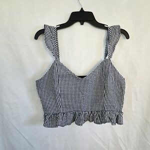 Thread Story Women's Navy White Gingham Ruffle Trim Cotton Crop Top Large‎ New